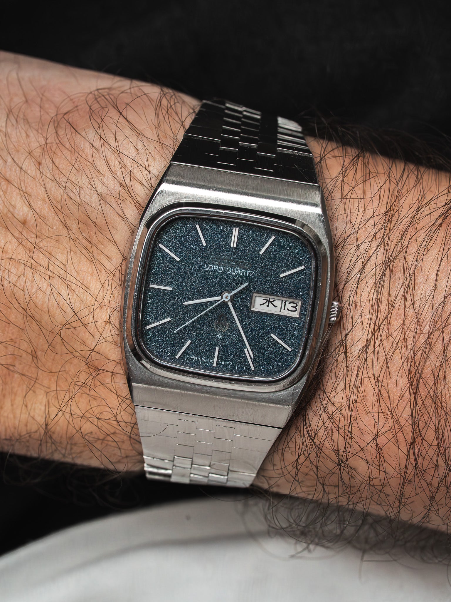 Seiko Lord Quartz vintage watch with blue textured dial, steel case, worn on wrist