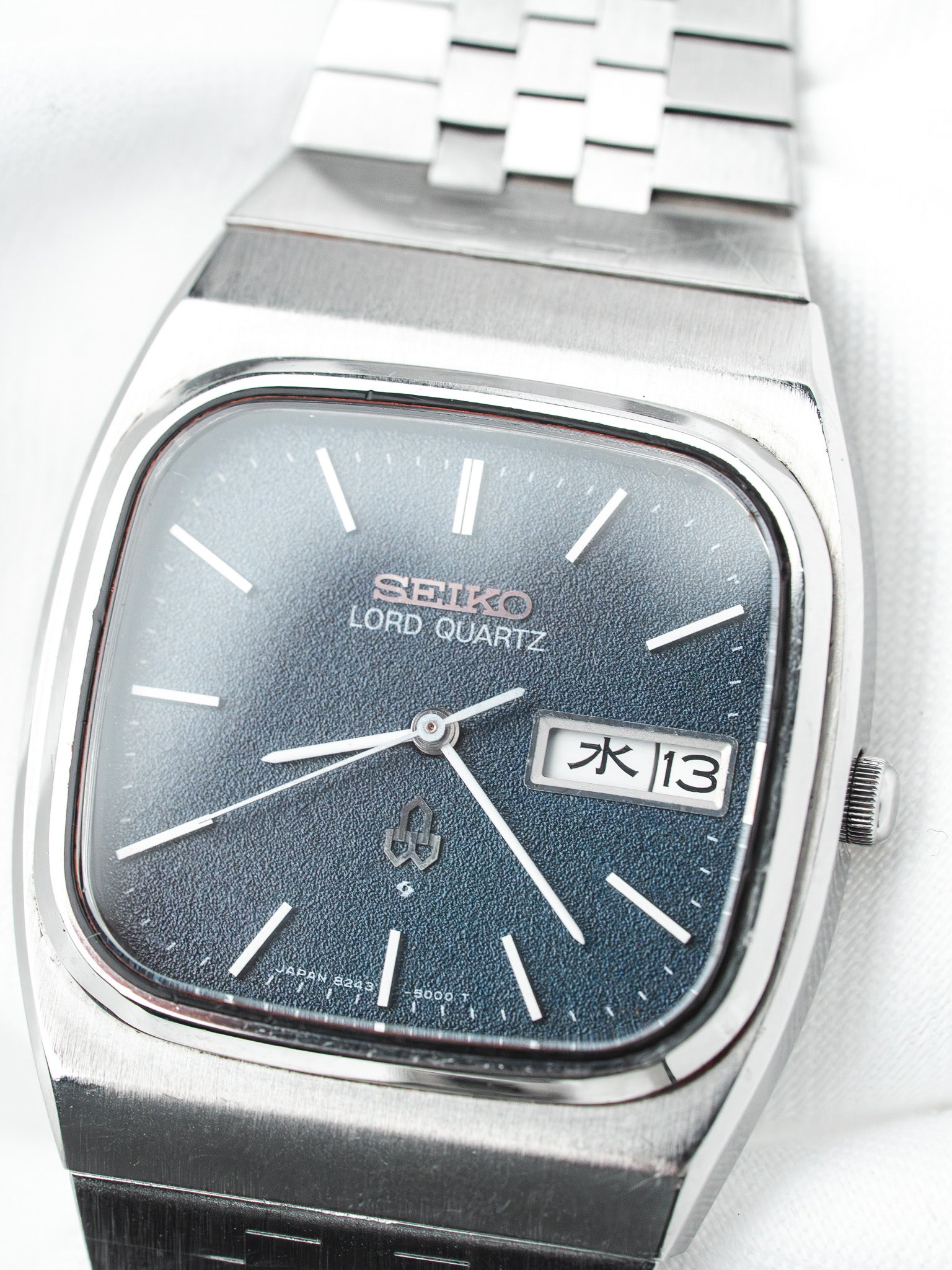 Seiko Lord Quartz vintage watch with blue textured dial and steel bracelet