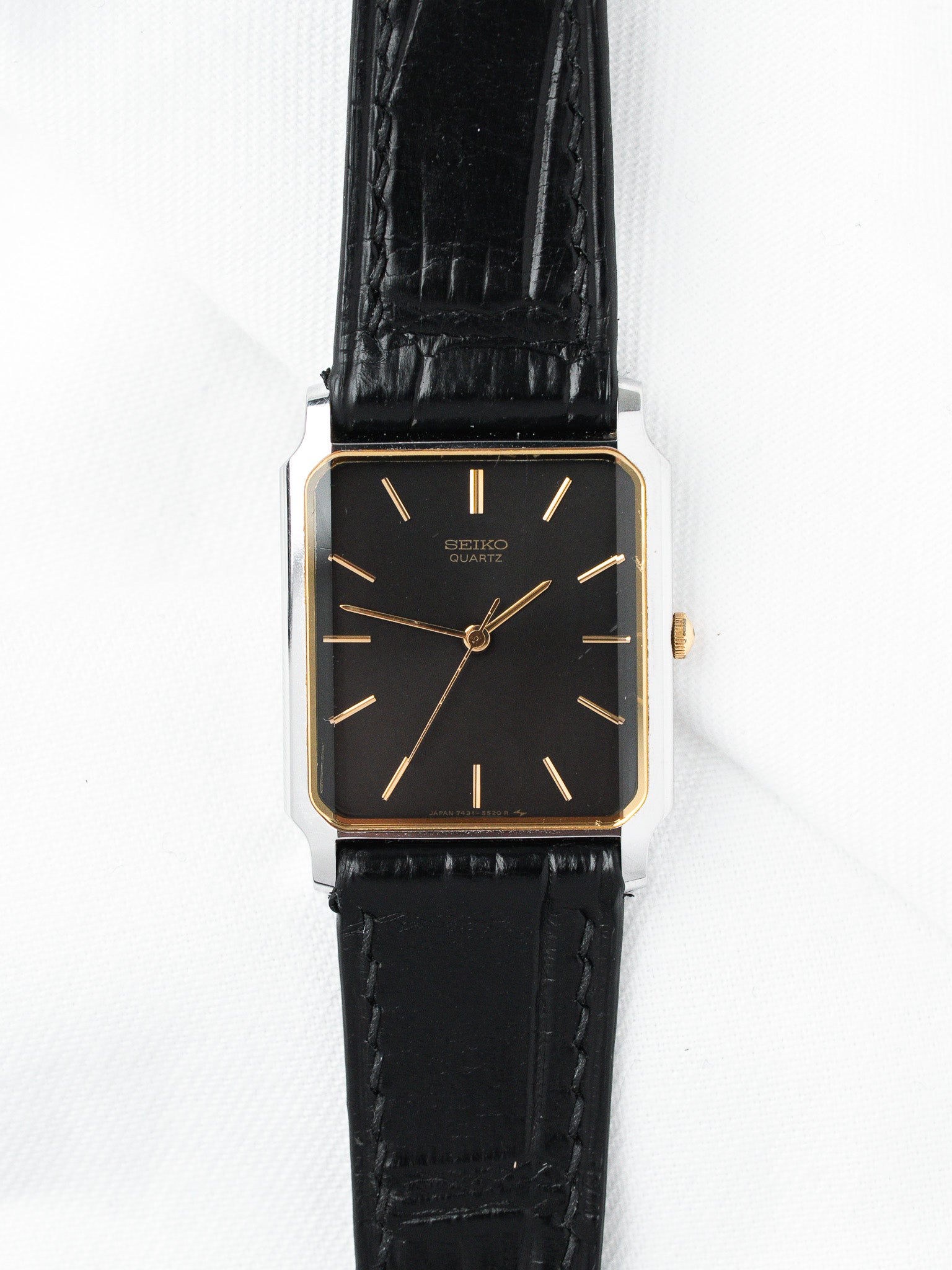 Seiko Tank Watch 7431-5380 — Black Crystal Faceted Dial (1985