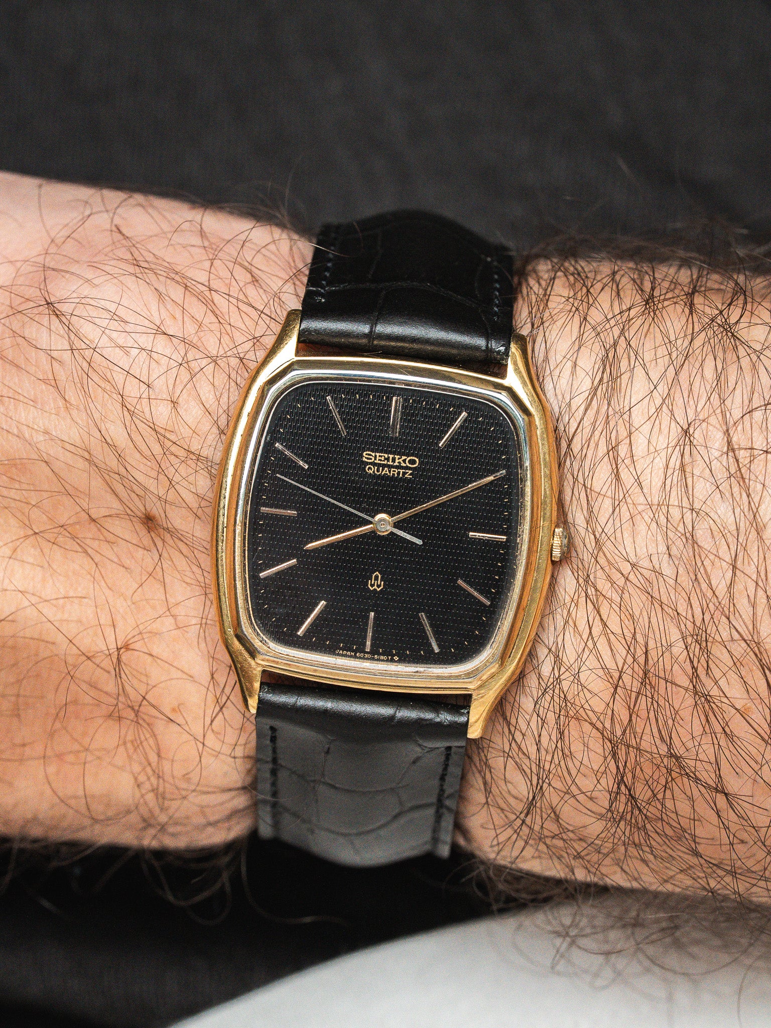 Vintage Seiko Tonneau 6030-5180 — Black Guilloché Dial (1980s) 