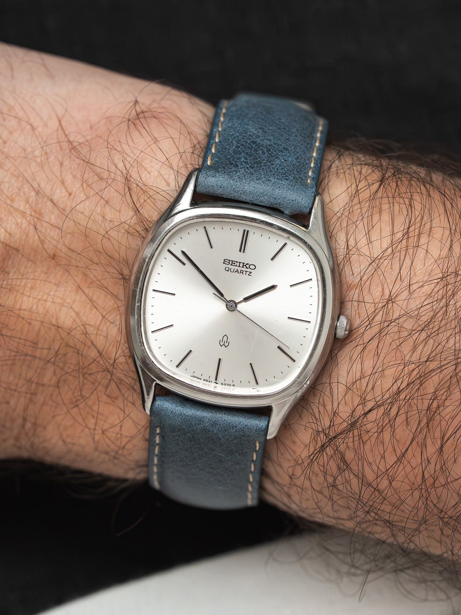 Vintage Seiko Tonneau Watch — 5931-5330 Silver Sunburst Dial (1981 