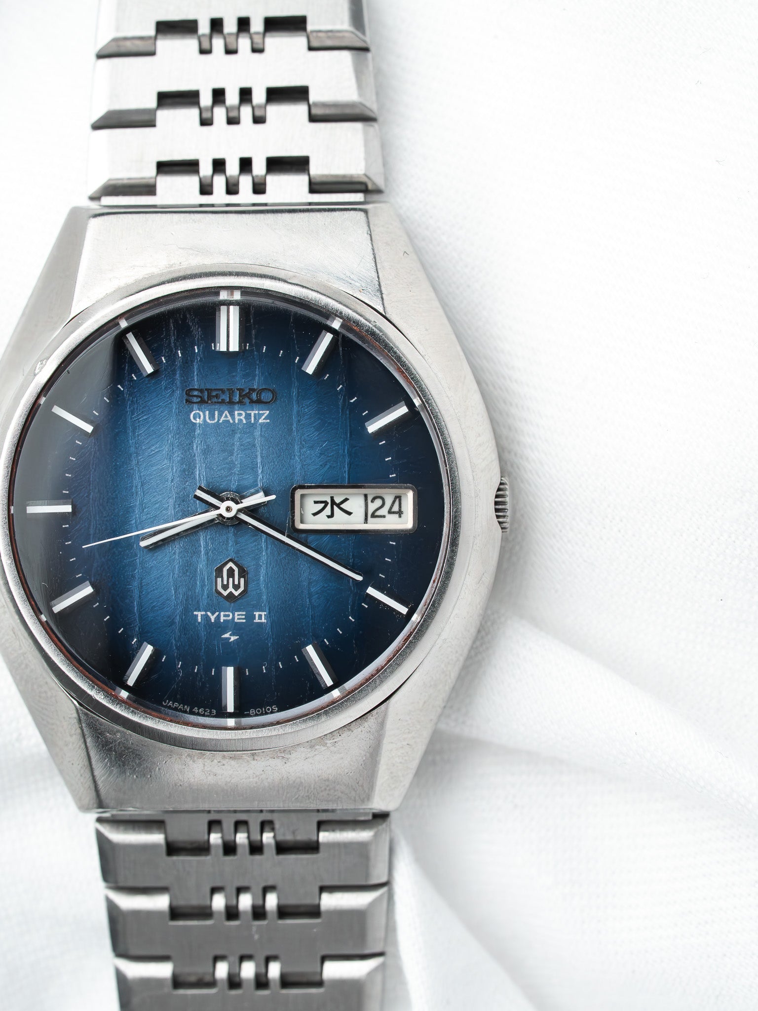 Seiko Type II vintage quartz watch with blue dial and steel bracelet on white background