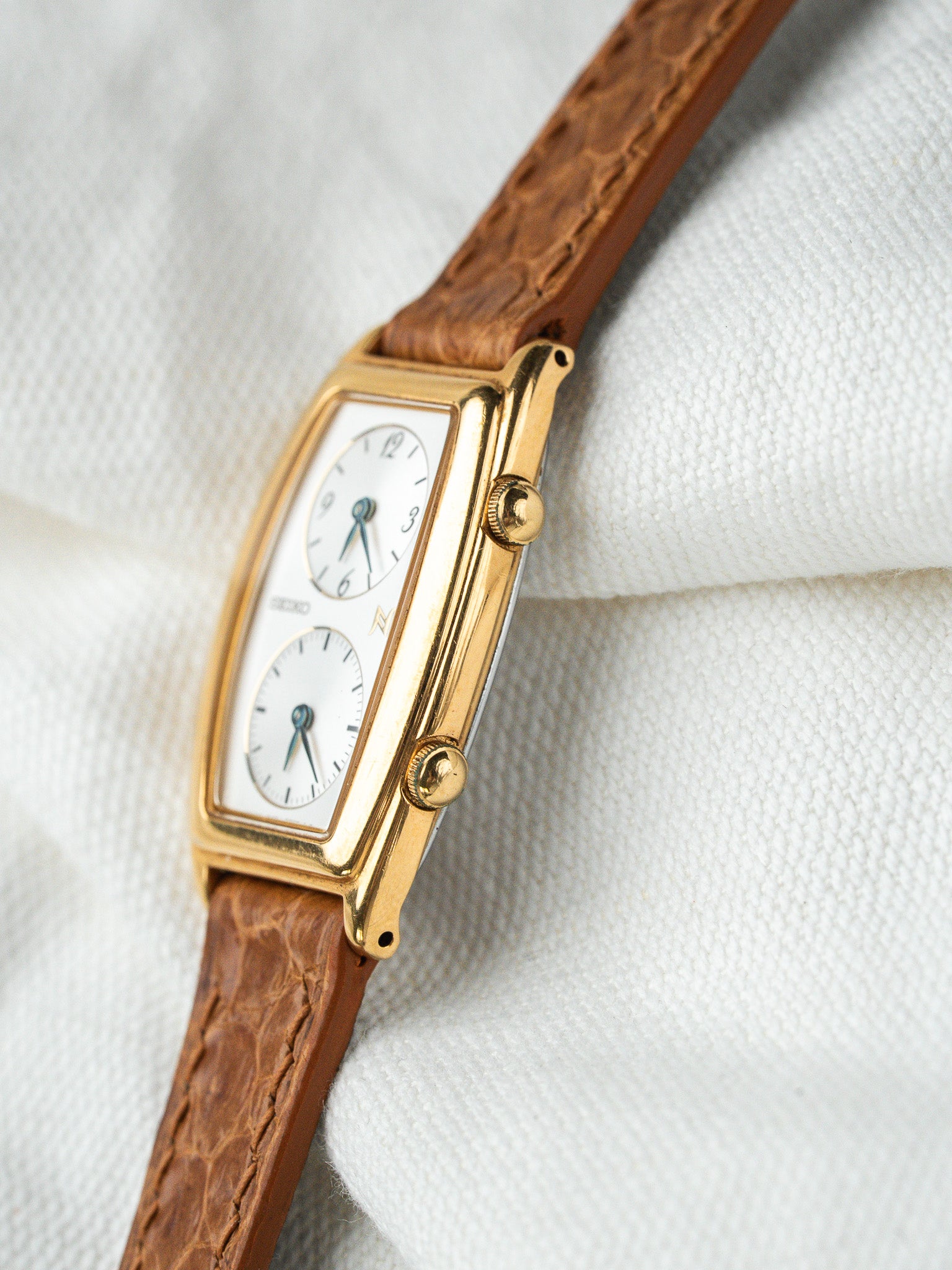 Montre Seiko Vintage - Tank "Dual Time" Plaqué or Camel (2004) - Atelier Victor