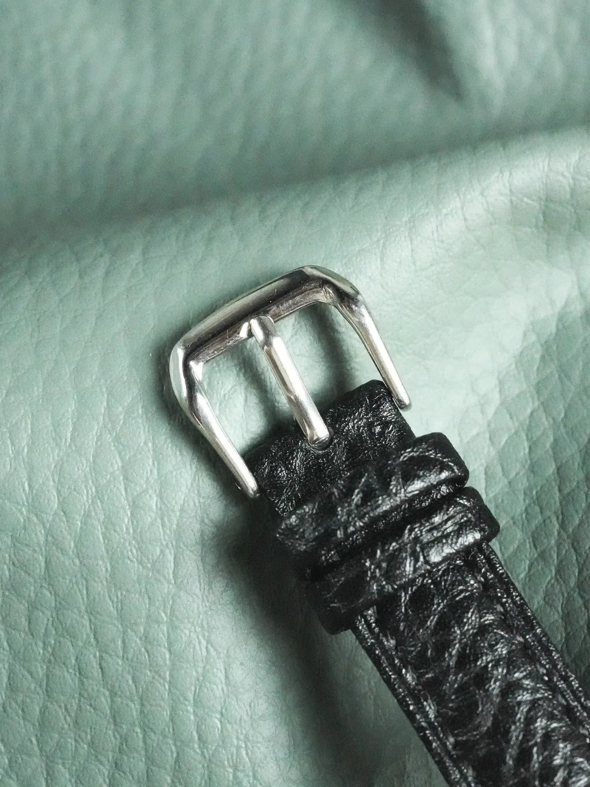Black textured leather watch strap with silver buckle on green leather