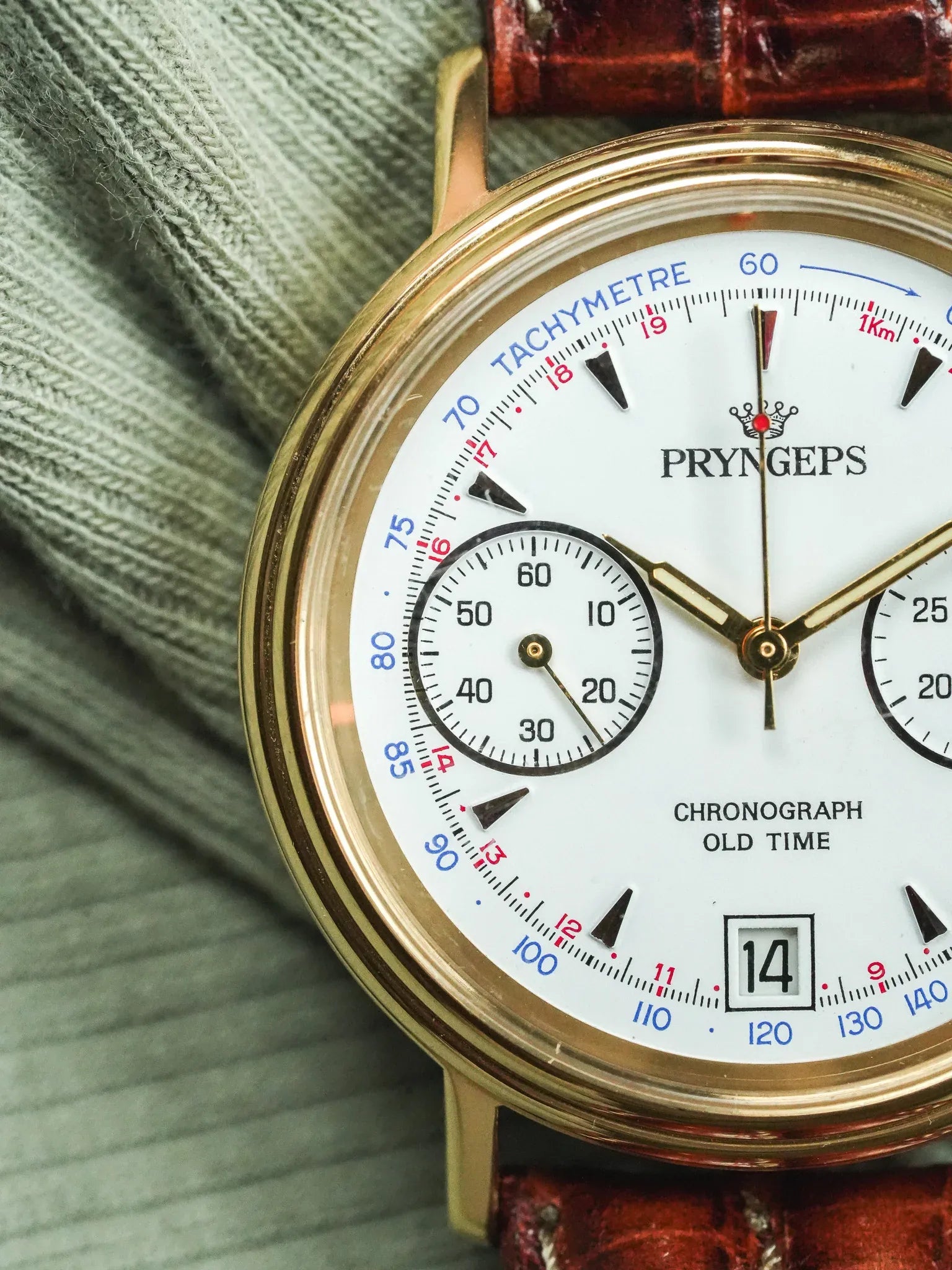 Pryngeps - Chronographe manuel plaqué bracelet cuir marron lézard - NOS - 1980s - Atelier Victor