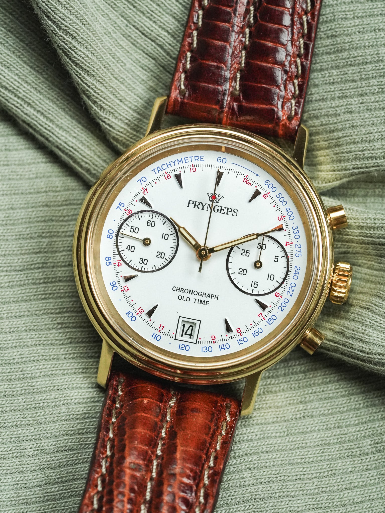 Pryngeps - Chronographe manuel plaqué bracelet cuir marron lézard - NOS - 1980s - Atelier Victor - Vintage  Shop