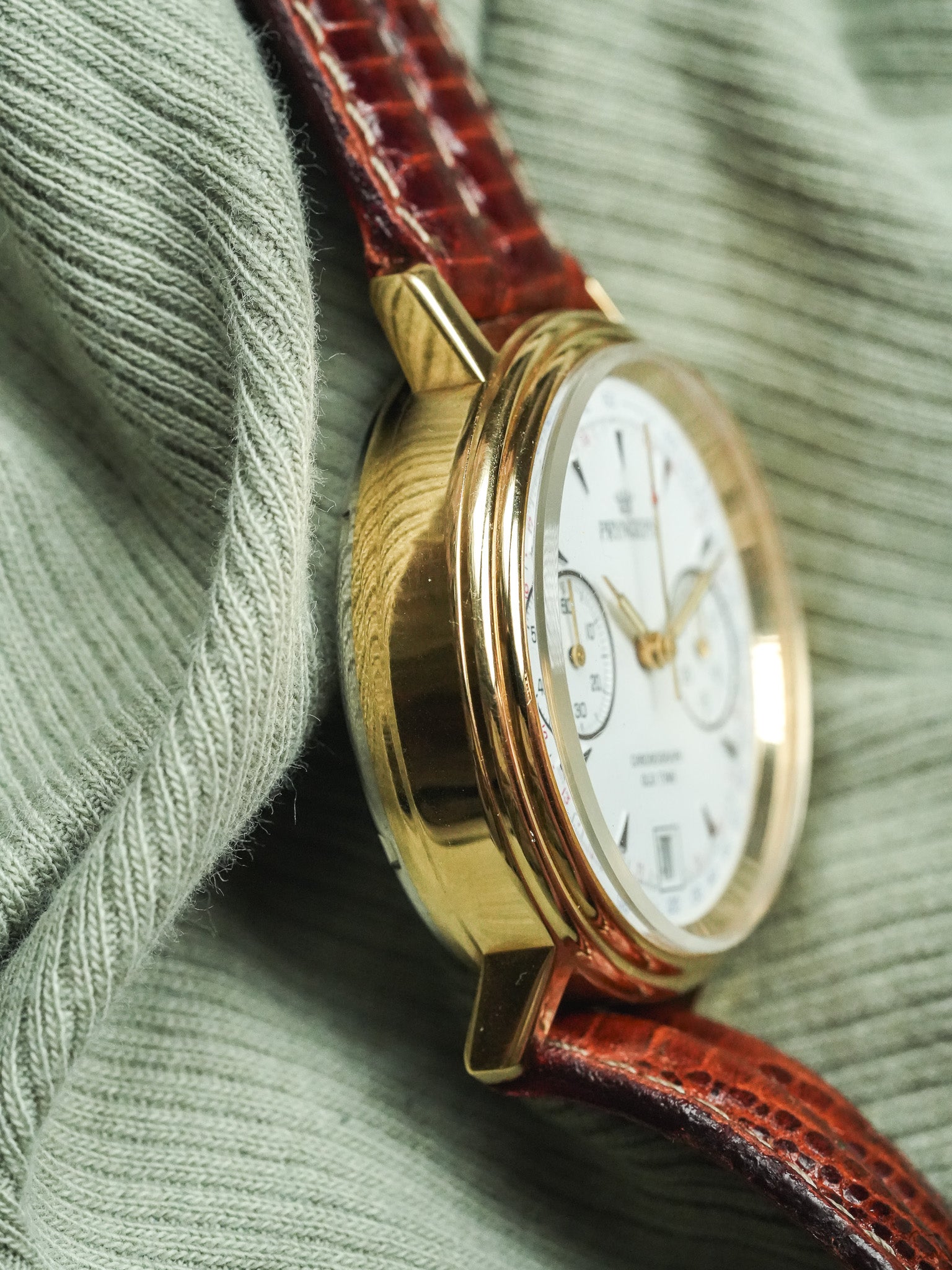 Pryngeps - Chronographe manuel plaqué bracelet cuir marron lézard - NOS - 1980s - Atelier Victor - Vintage  Shop