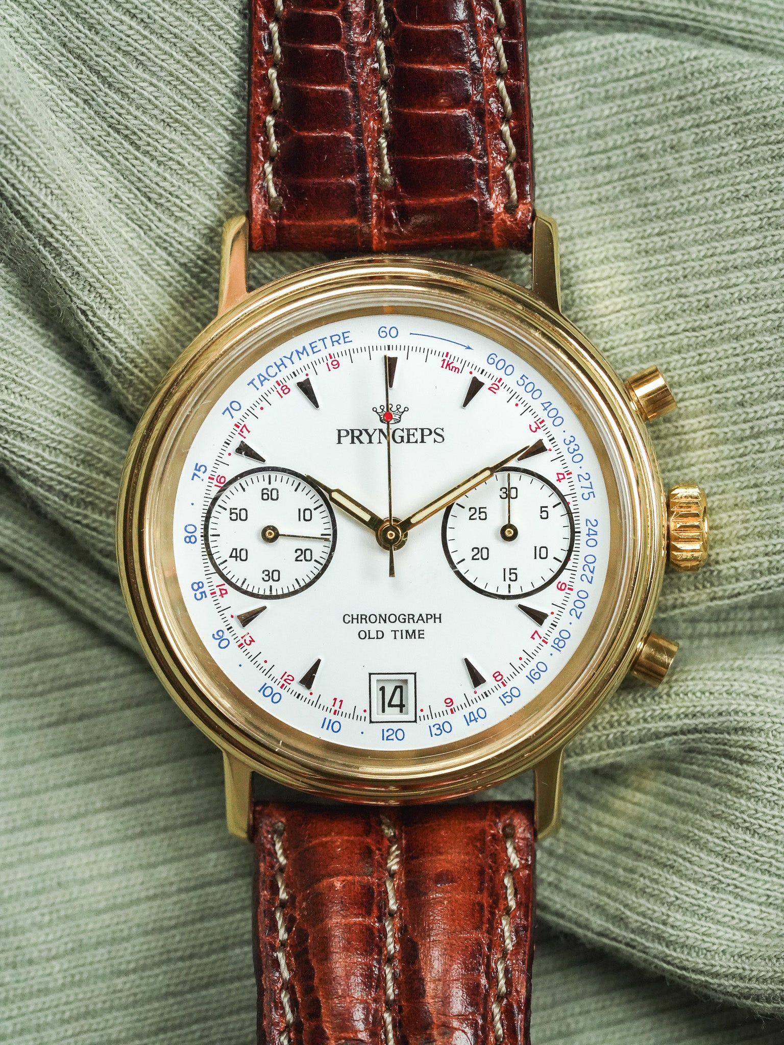 Pryngeps - Chronographe manuel plaqué bracelet cuir marron lézard - NOS - 1980s - Atelier Victor - Vintage  Shop