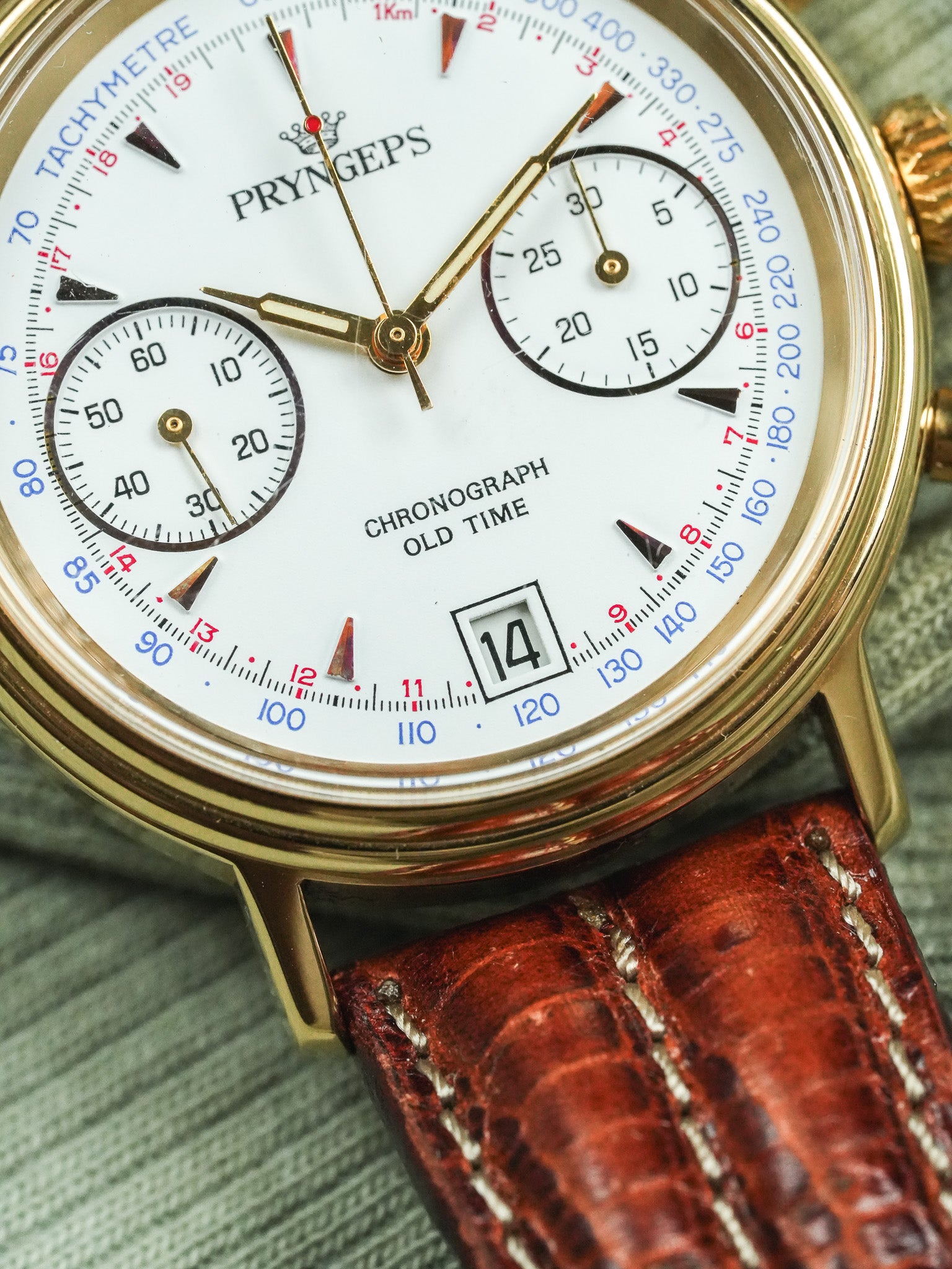 Pryngeps - Chronographe manuel plaqué bracelet cuir marron lézard - NOS - 1980s - Atelier Victor - Vintage  Shop