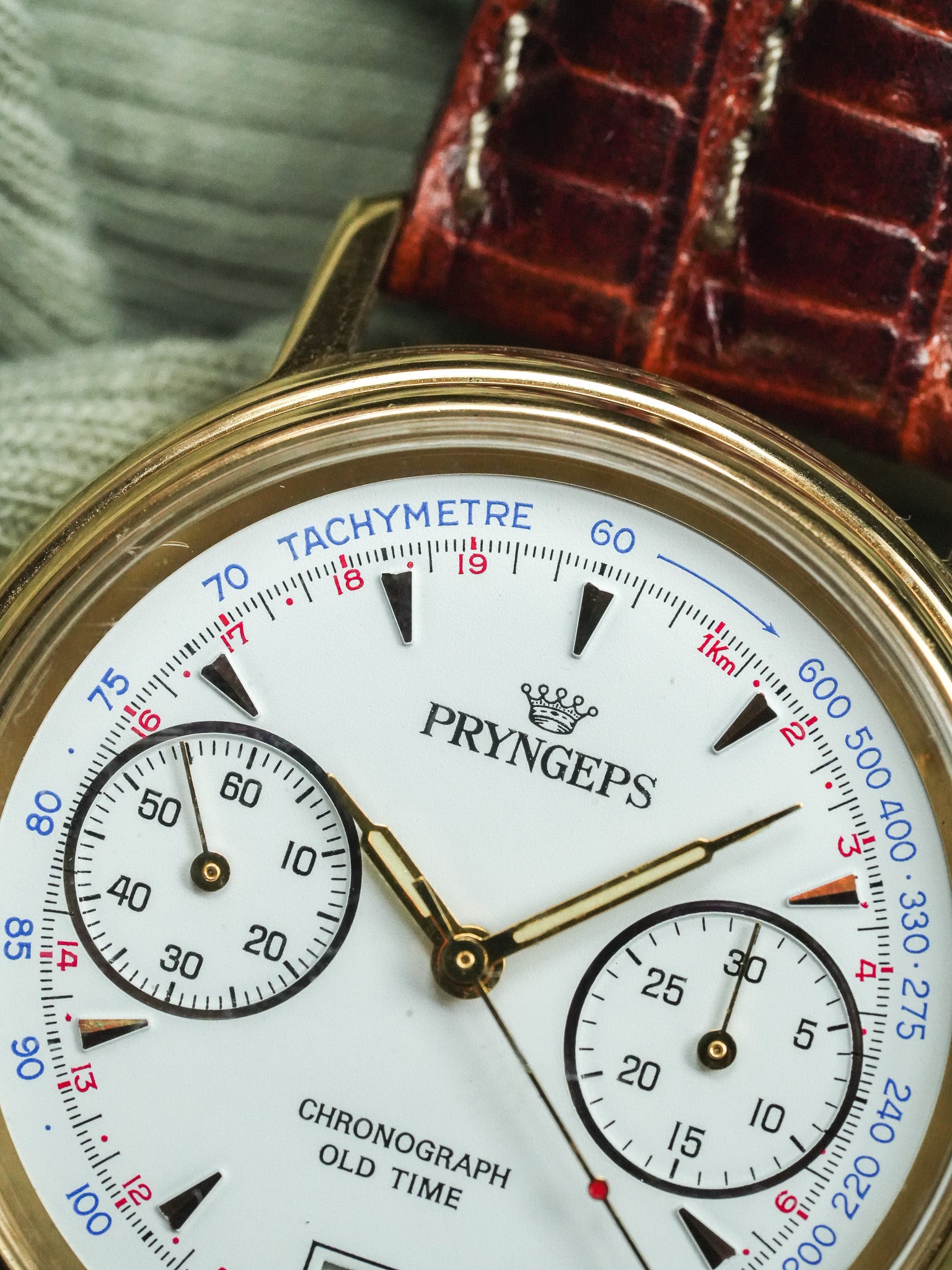 Pryngeps - Chronographe manuel plaqué bracelet cuir marron lézard - NOS - 1980s - Atelier Victor - Vintage  Shop