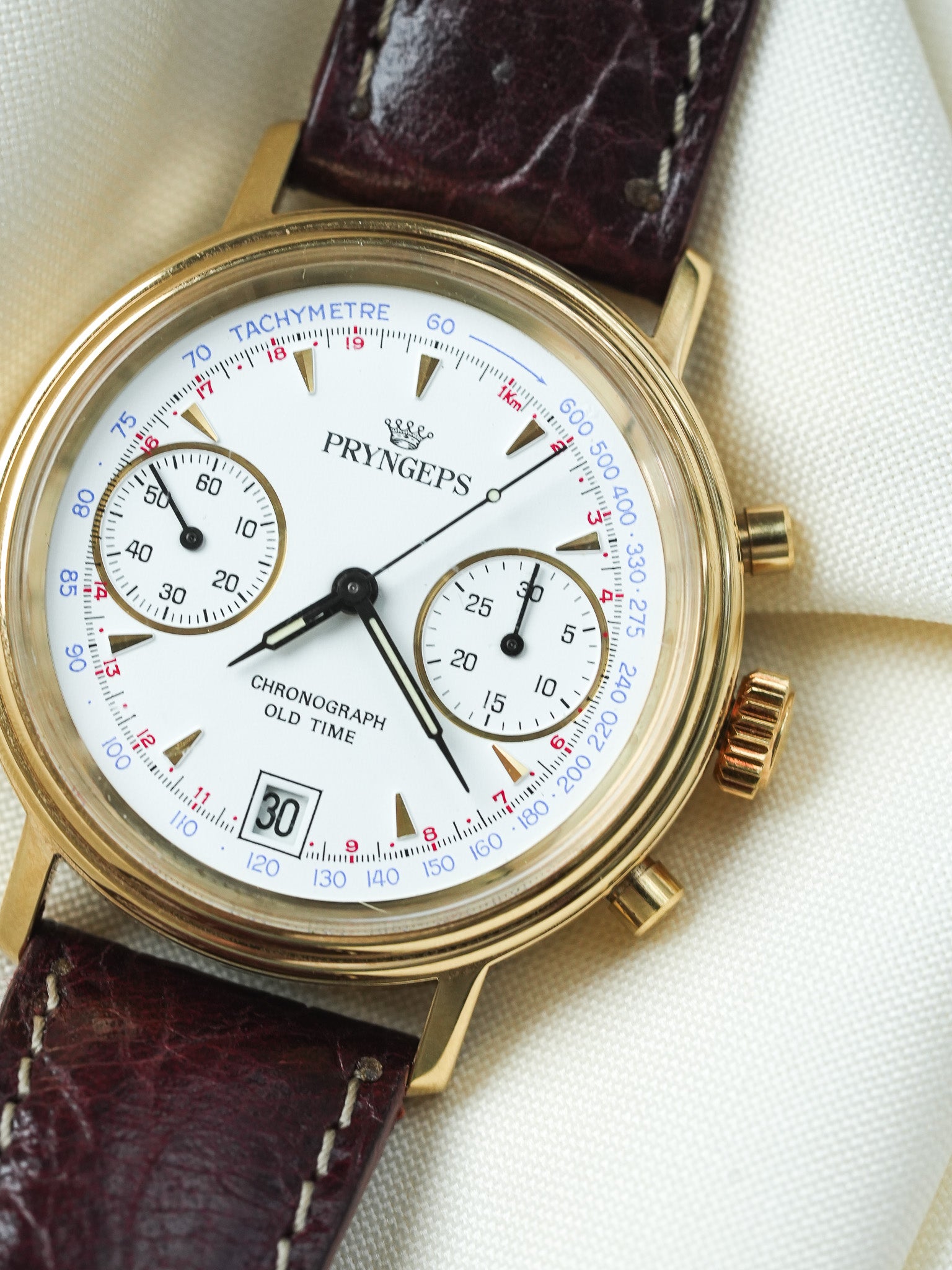 Pryngeps - Handaufzug-Chronograph vergoldet Lederarmband braun - NOS - 1980s 