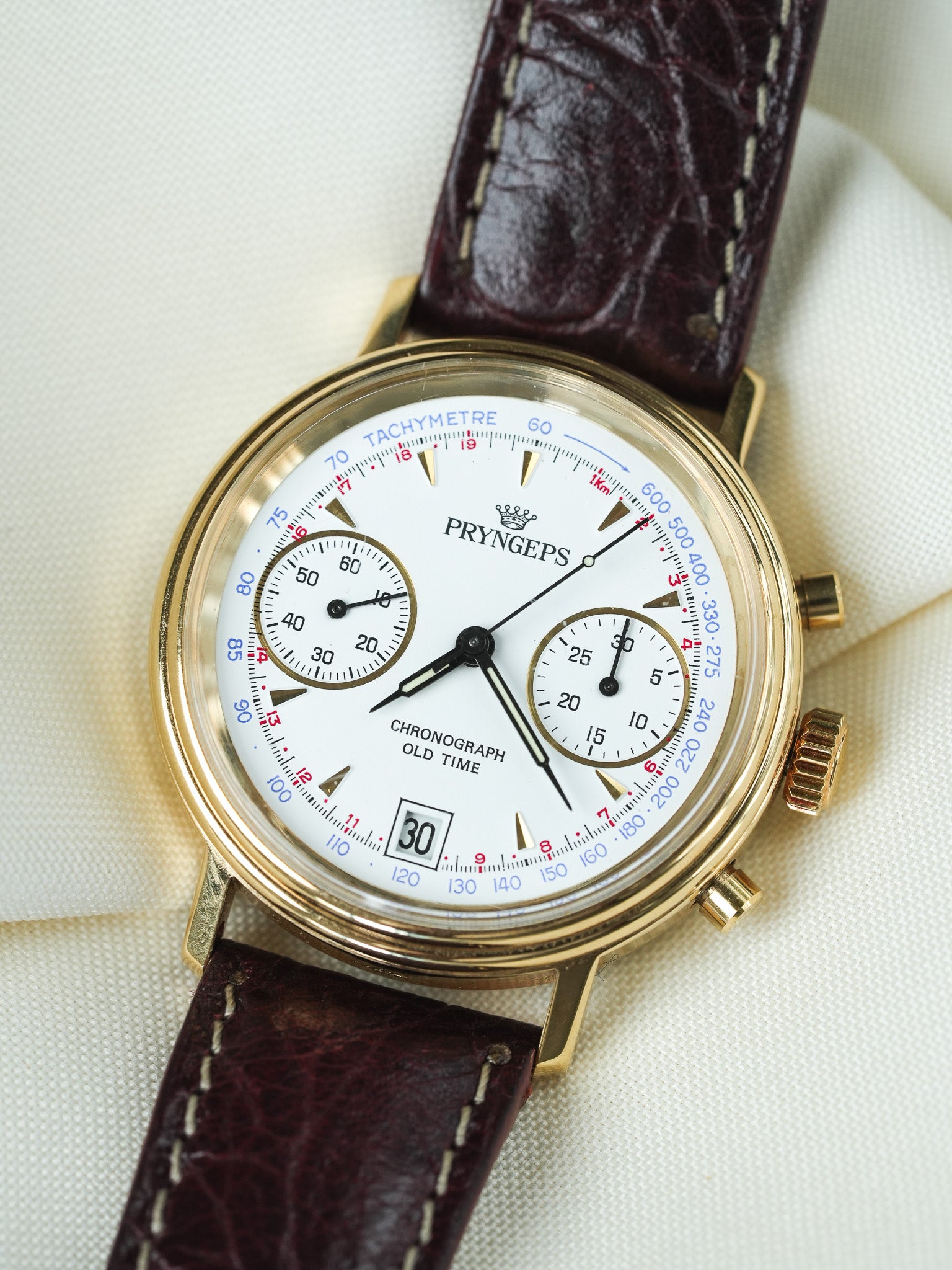 Pryngeps - Handaufzug-Chronograph vergoldet Lederarmband braun - NOS - 1980s 