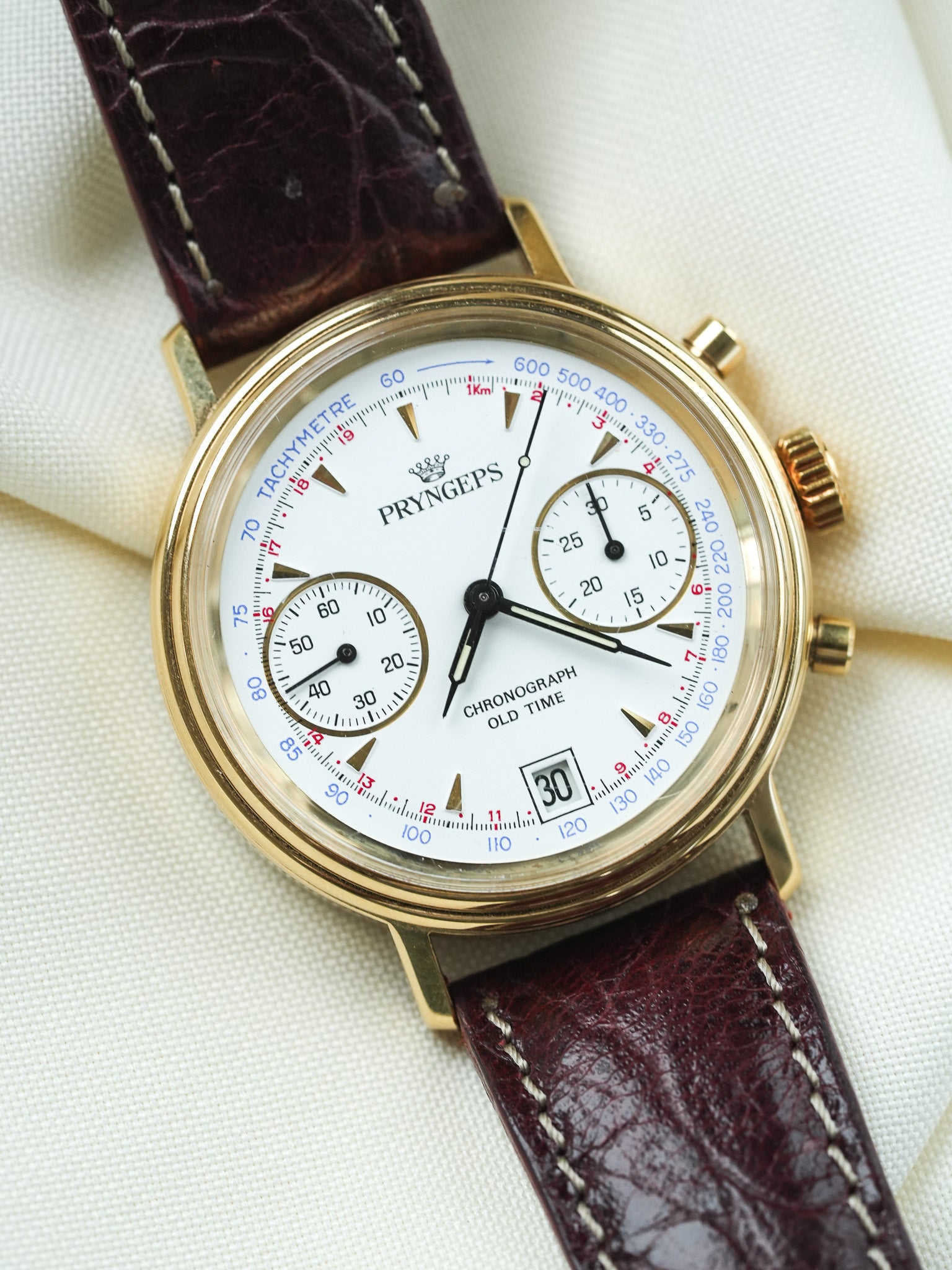 Pryngeps - Handaufzug-Chronograph vergoldet Lederarmband braun - NOS - 1980s 