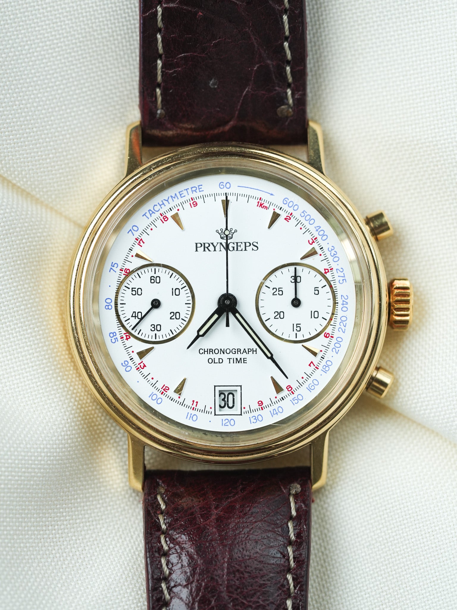 Pryngeps - Handaufzug-Chronograph vergoldet Lederarmband braun - NOS - 1980s 