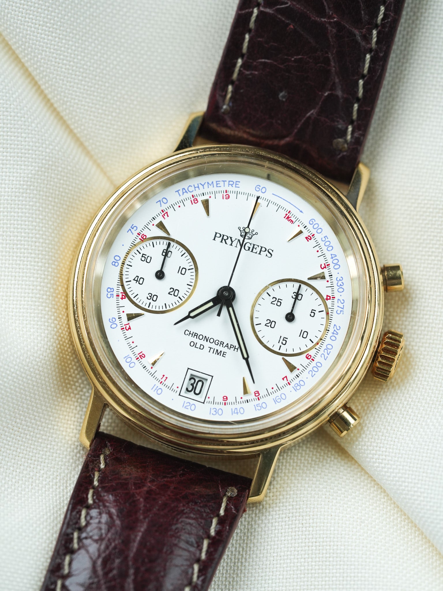 Pryngeps - Handaufzug-Chronograph vergoldet Lederarmband braun - NOS - 1980s 