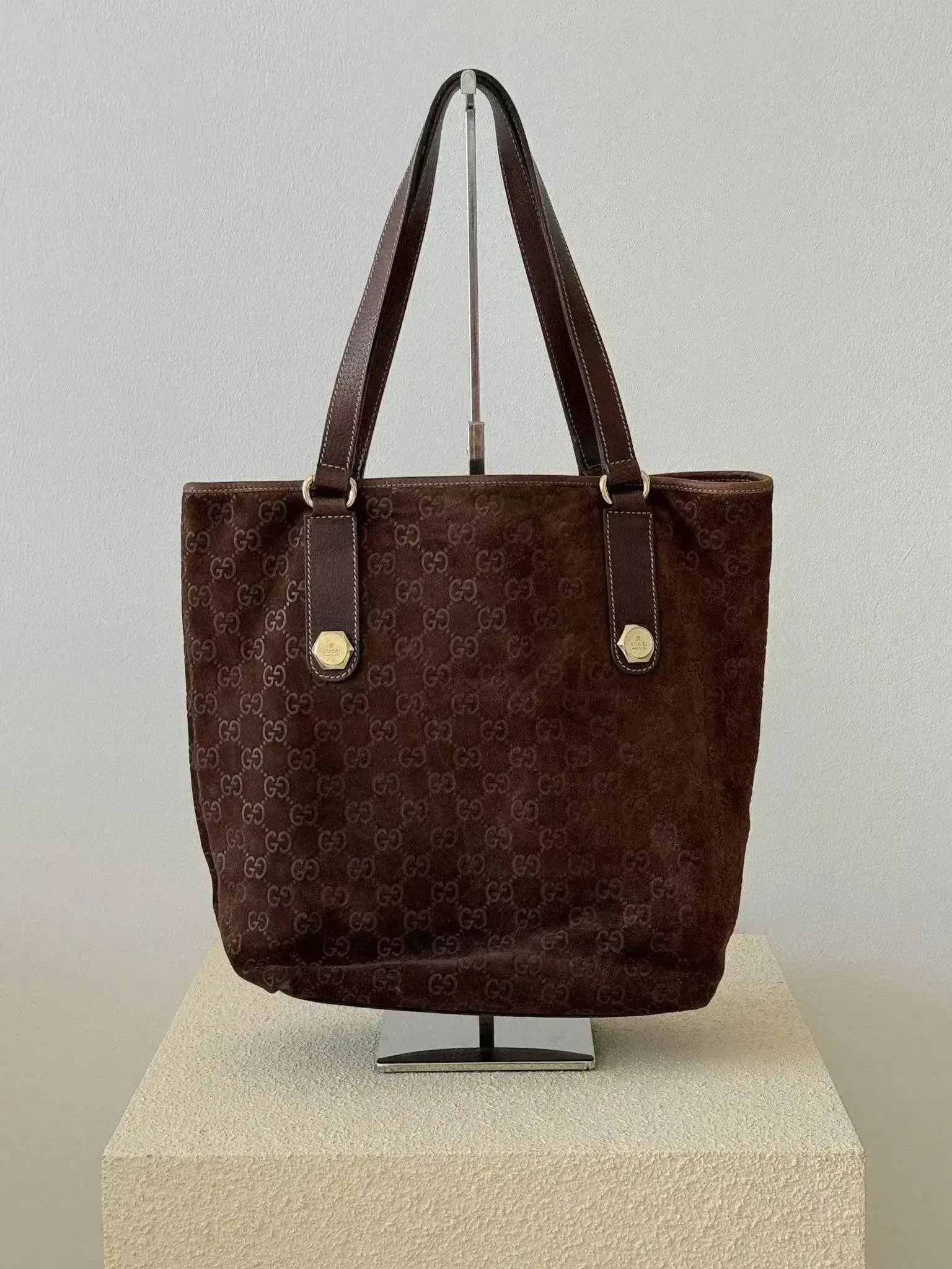 Handbag Gucci Brown Suede GG Motif Pre-Owned