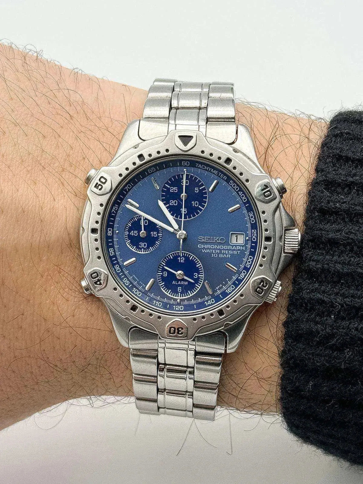 Seiko - Chronographe Alarme Bleu acier - Boite & Papier - 1993 - Atelier Victor Paris - Vintage Watch Shop Dubai