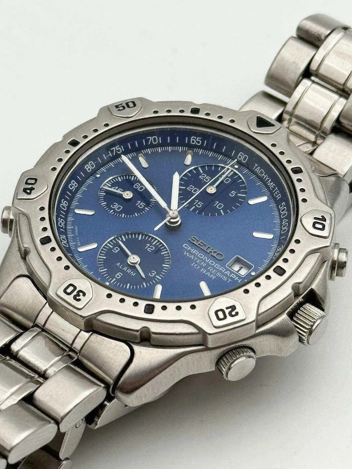 Seiko - Chronographe Alarme Bleu acier - Boite & Papier - 1993 - Atelier Victor Paris - Vintage Watch Shop Dubai