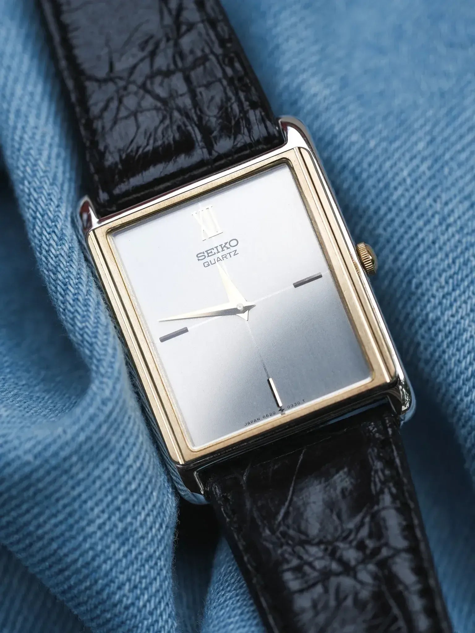 Seiko Gold Tone Square Watch with Silver Dial and Black Strap Seiko Watch Women 20mm Champagne dial Gold Tone Square V400  main image 2
