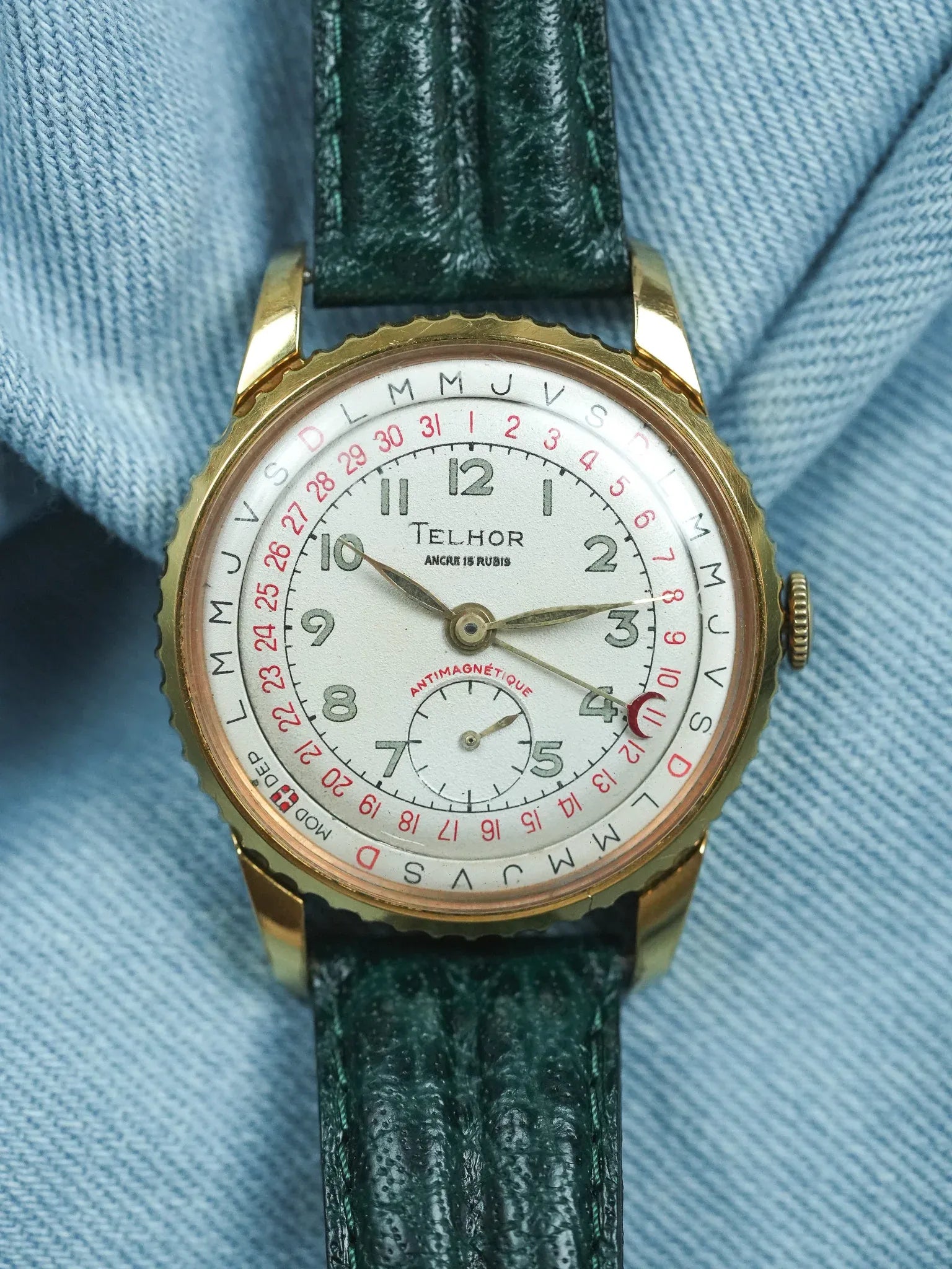 Telhor - Calendrier à lunette tournante plaqué or 36mm - 1960s - Atelier Victor