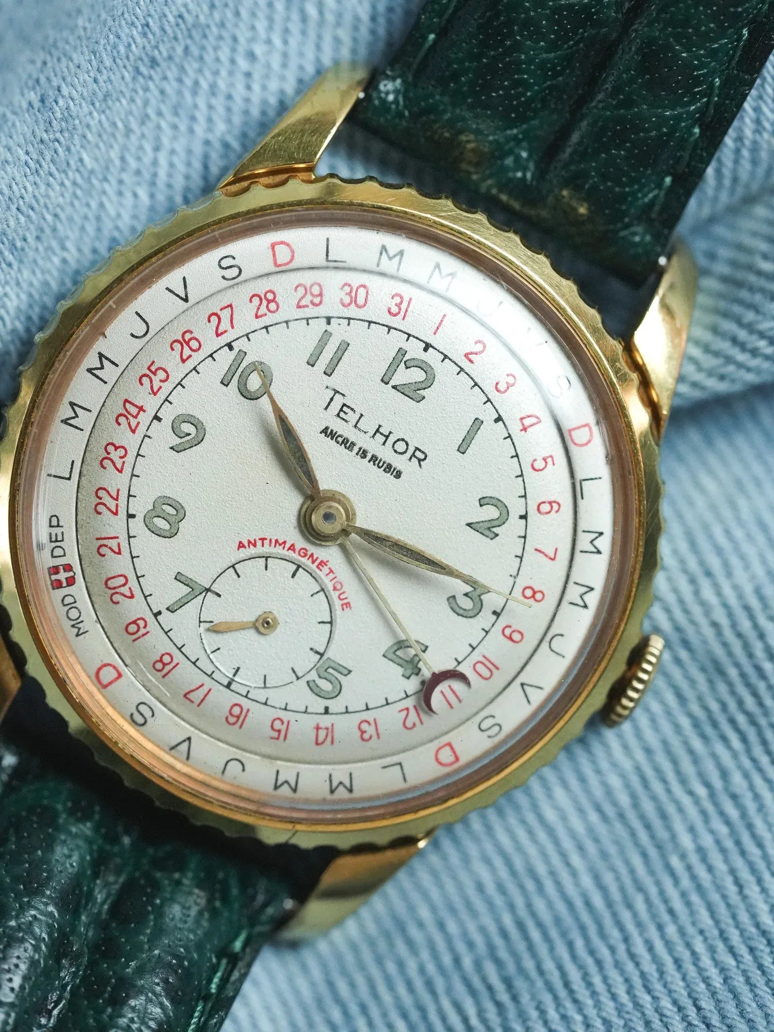 Telhor - Calendrier à lunette tournante plaqué or 36mm - 1960s - Atelier Victor