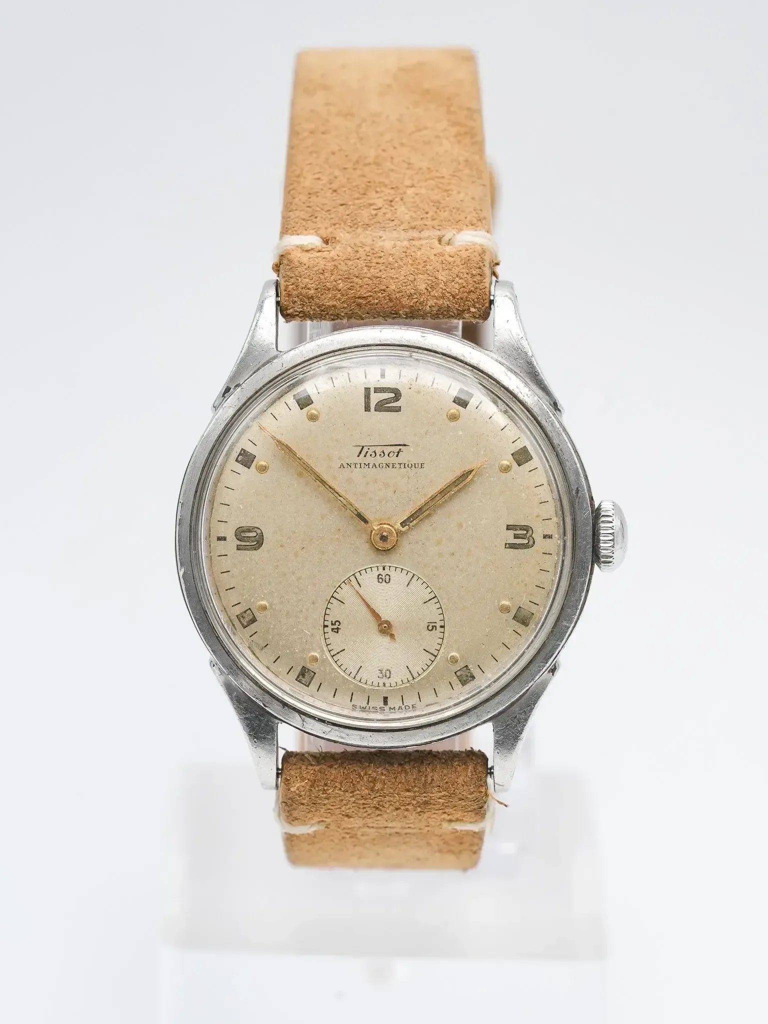 Montre Tissot Vintage Des Années 1940/50 - Mécanique Manuelle, Boîtier Acier 34 Mm, Cadran Blanc Et Doré