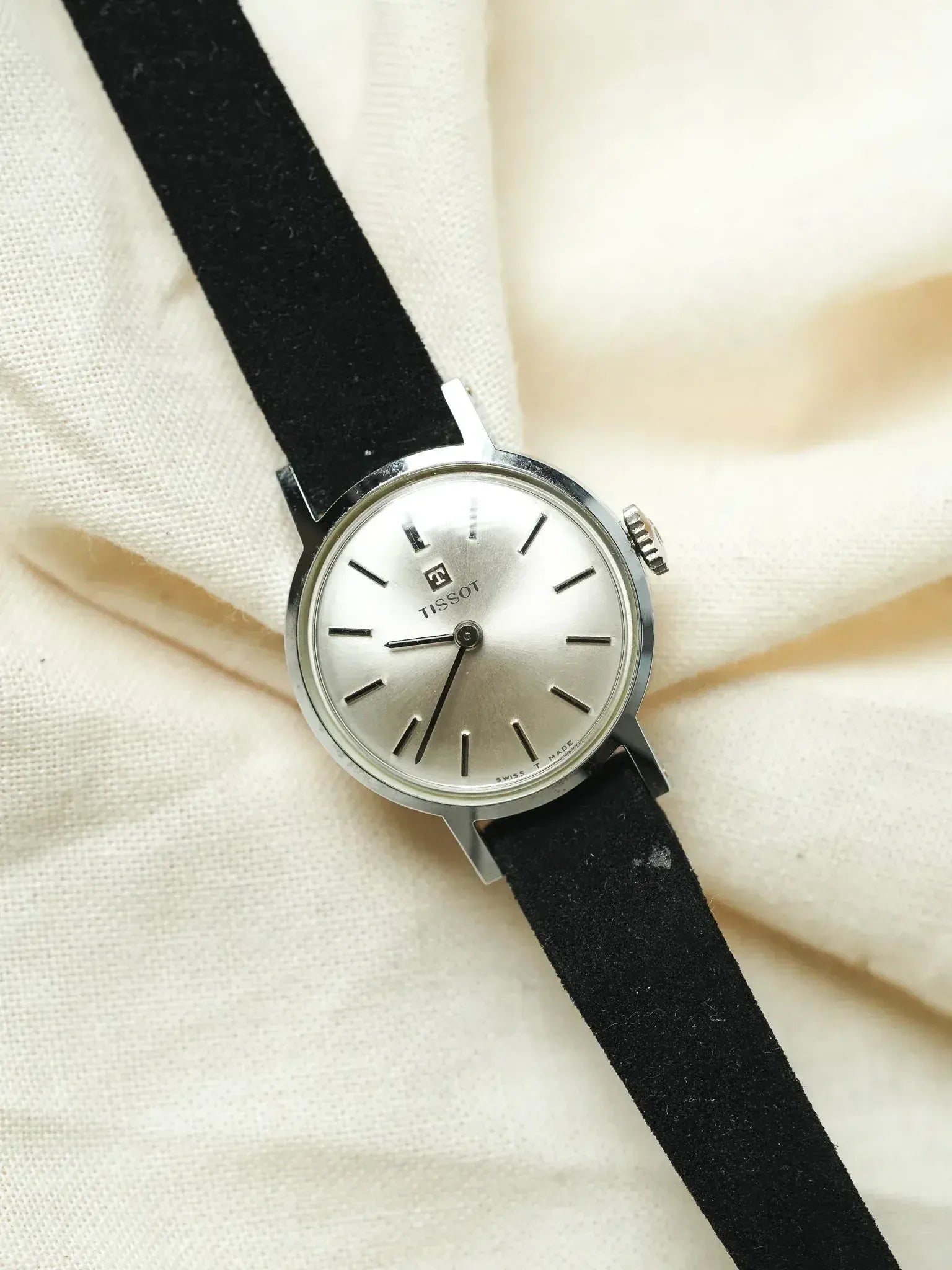 leather strap old tissot ladies watches Tissot Mini Dress Watch Steel Onyx Hour Markers NOS 1970s