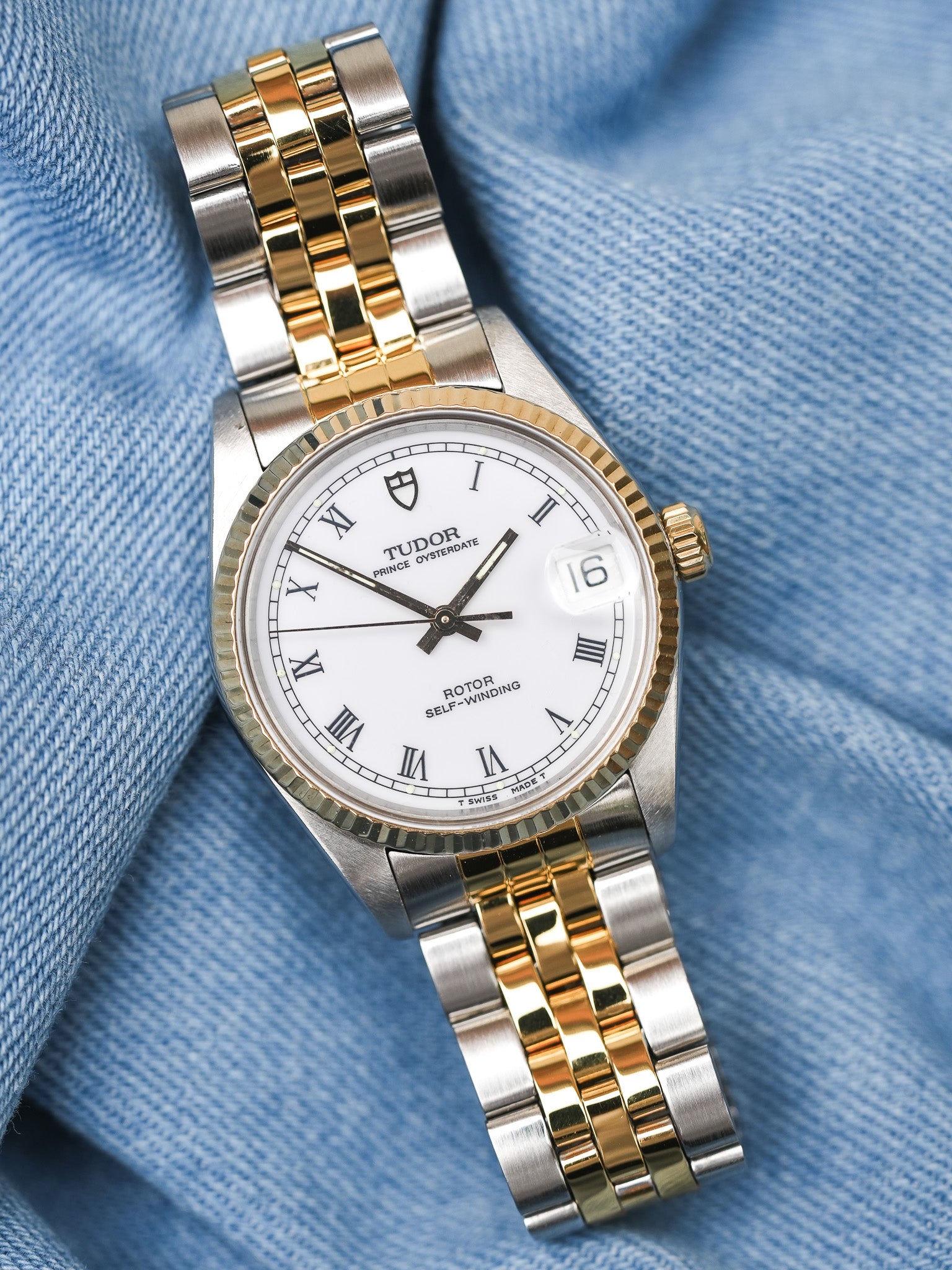 Tudor x Rolex - Prince Oysterdate Blanc Romain Cannelée Acier Or - 1990s - Atelier Victor Paris - Vintage Watch Shop Dubai
