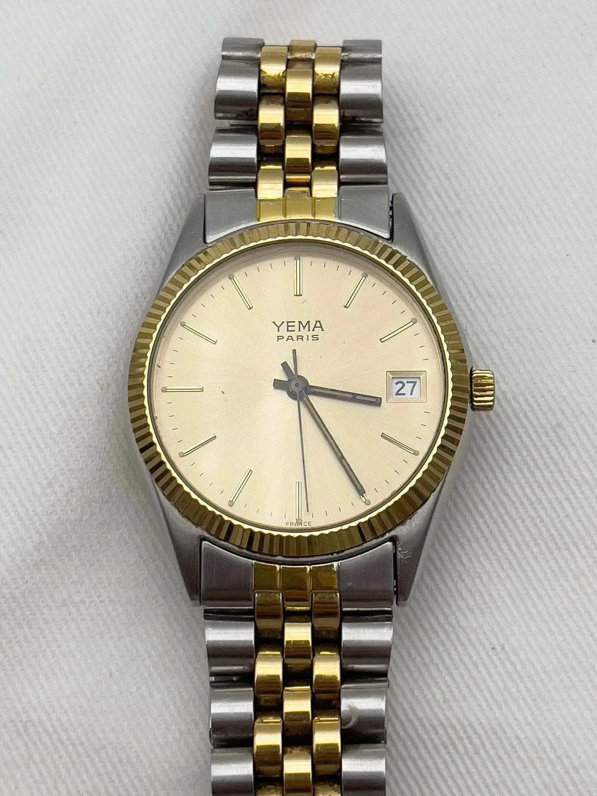 Yema Paris vintage watch with gold and steel bracelet, cream dial, date window