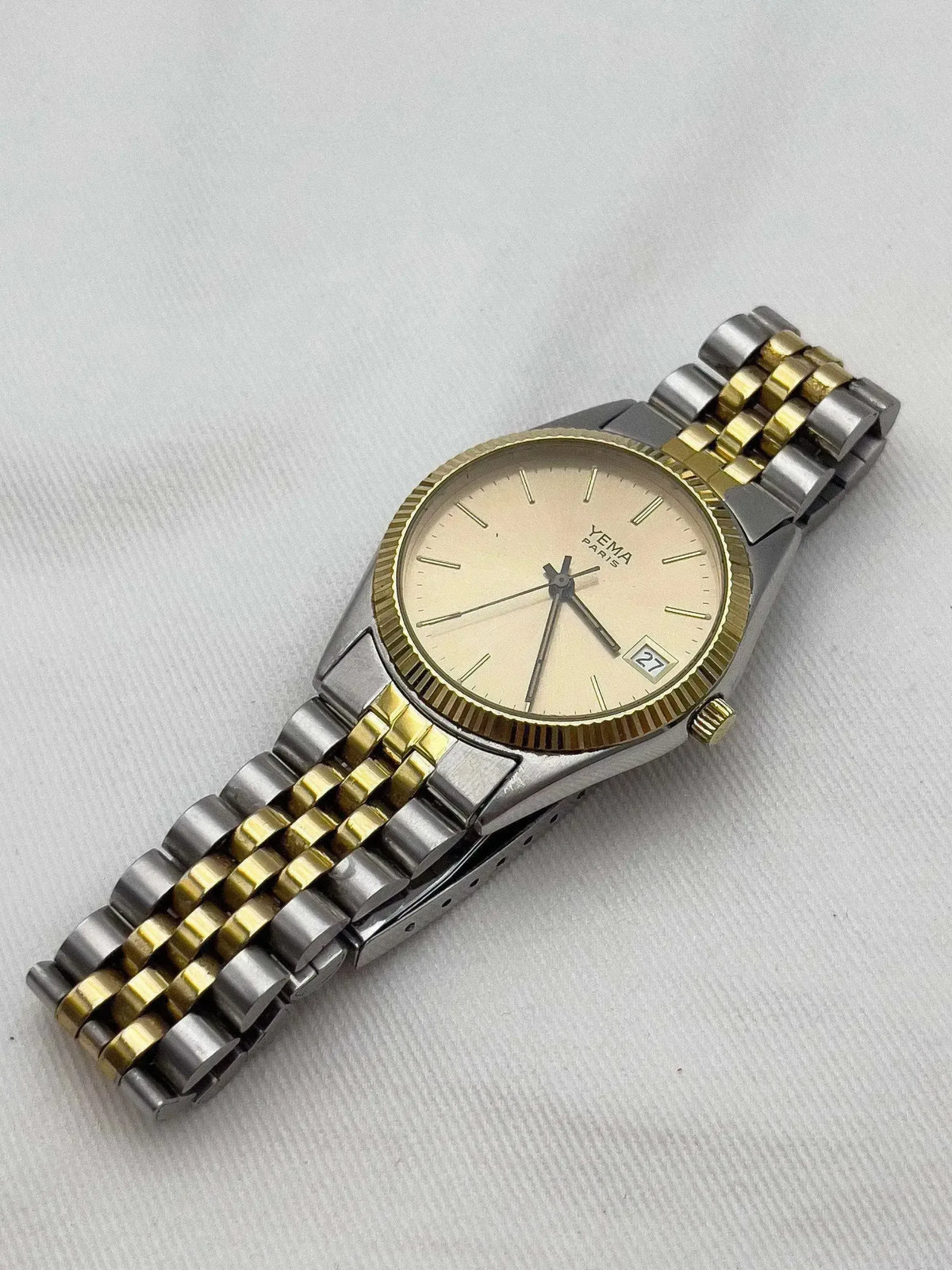 Yema Paris vintage watch with two-tone steel and gold bracelet, cream dial, date window