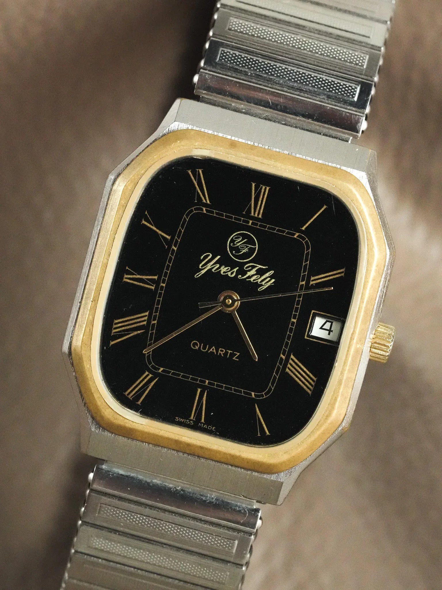 Yves Fely - Tank Octogonale XL Bicolore cadran noir chiffres romain - 1990s - Atelier Victor