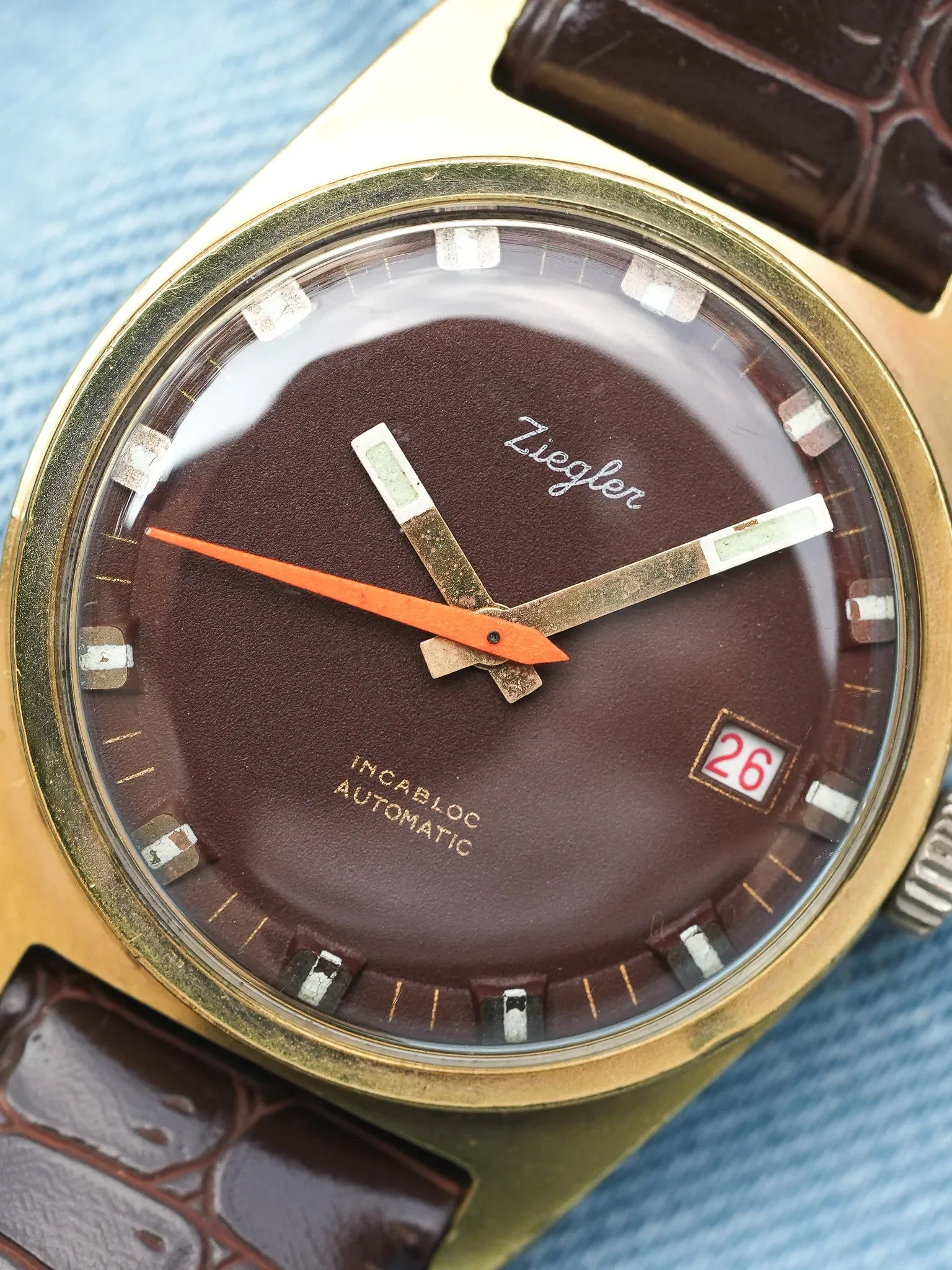 Ziegler - Plaqué or Chocolat Marron Trotteuse Orange - 1970s - Atelier Victor