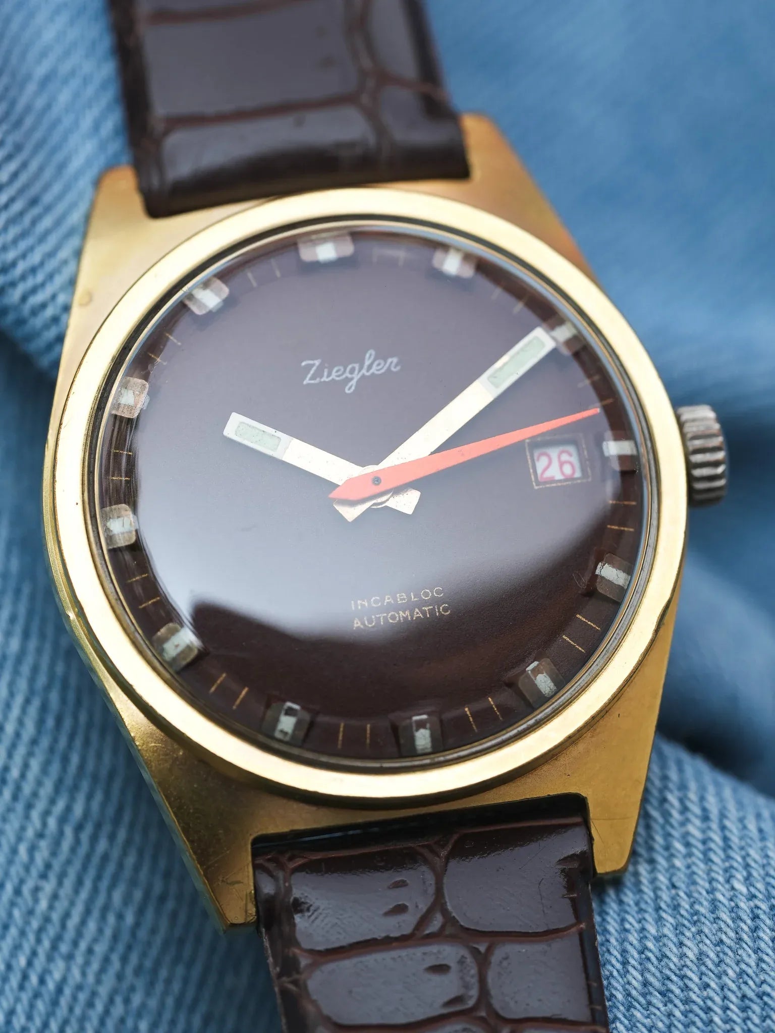 Ziegler - Plaqué or Chocolat Marron Trotteuse Orange - 1970s - Atelier Victor