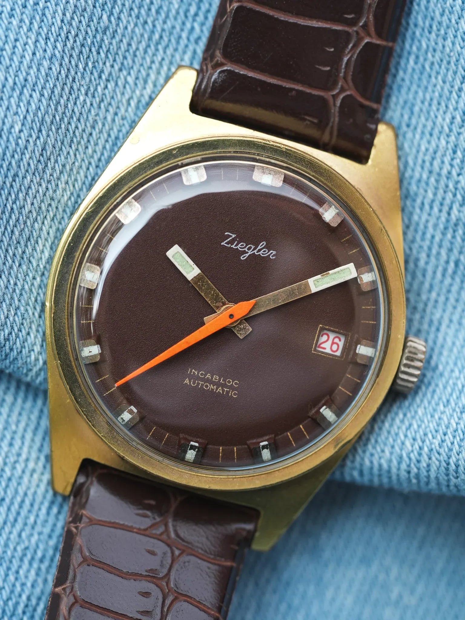 Ziegler - Plaqué or Chocolat Marron Trotteuse Orange - 1970s - Atelier Victor